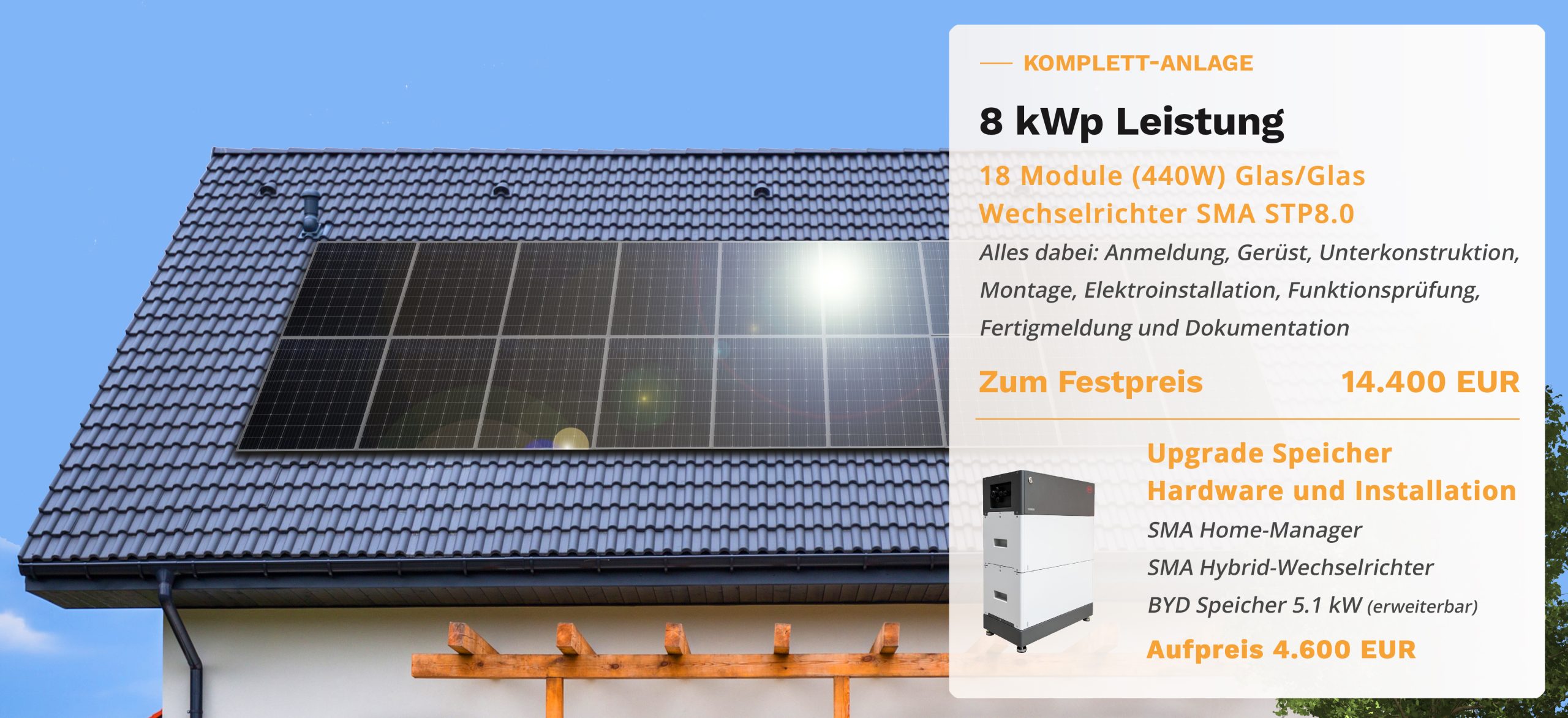 Eine 8kWp Photovoltaik Anlage kostet 14400 Euro